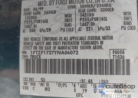 2000 Ford F-150 Work Series/Xl/Xlt z USA, uszkodzony, nr VIN 1FTZF1727YNA06072
